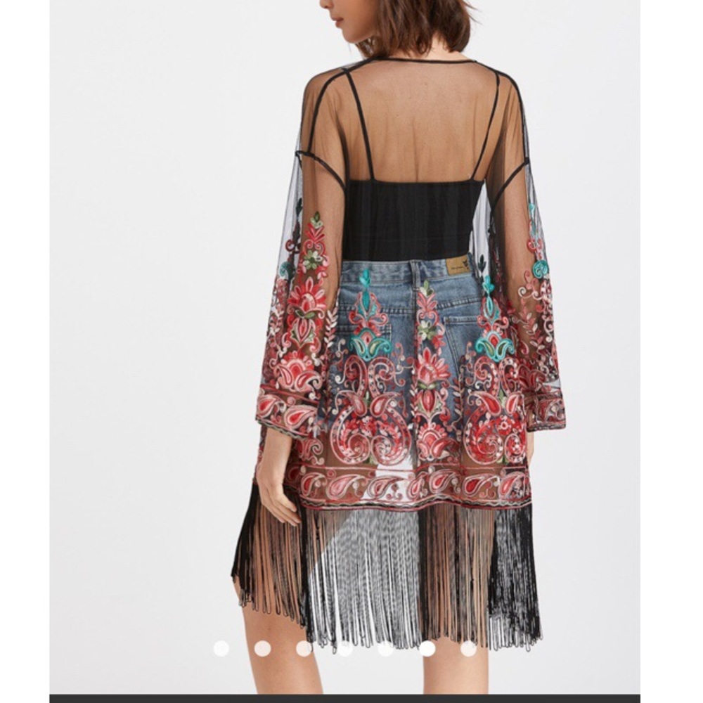 Fringe embroidered paisley mesh kimono